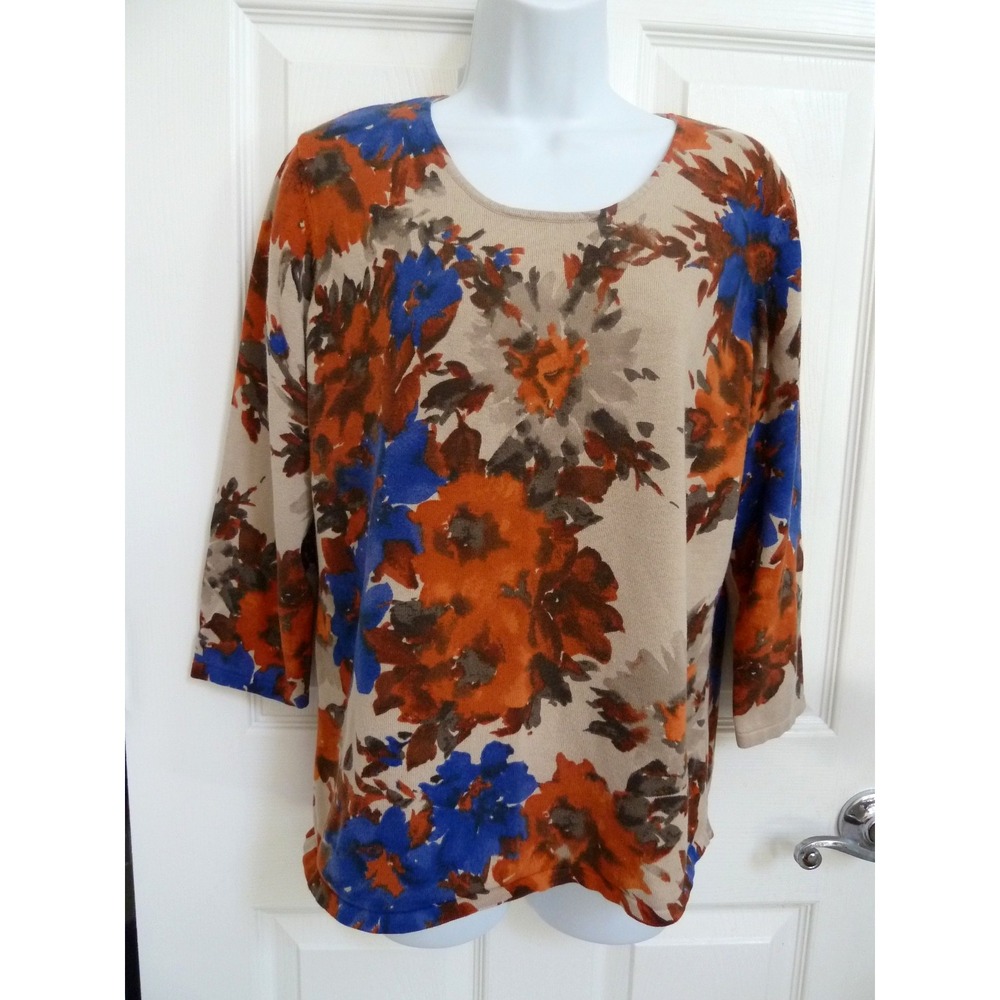 Evan Picone Women XL Floral Pullover Sweater 3/4 Sleeve Earthy Knit Top